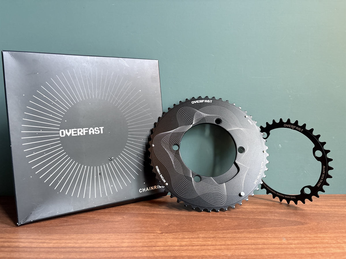 OVERFAST alloy chainrings 2x — rings with OVERFAST chainring box