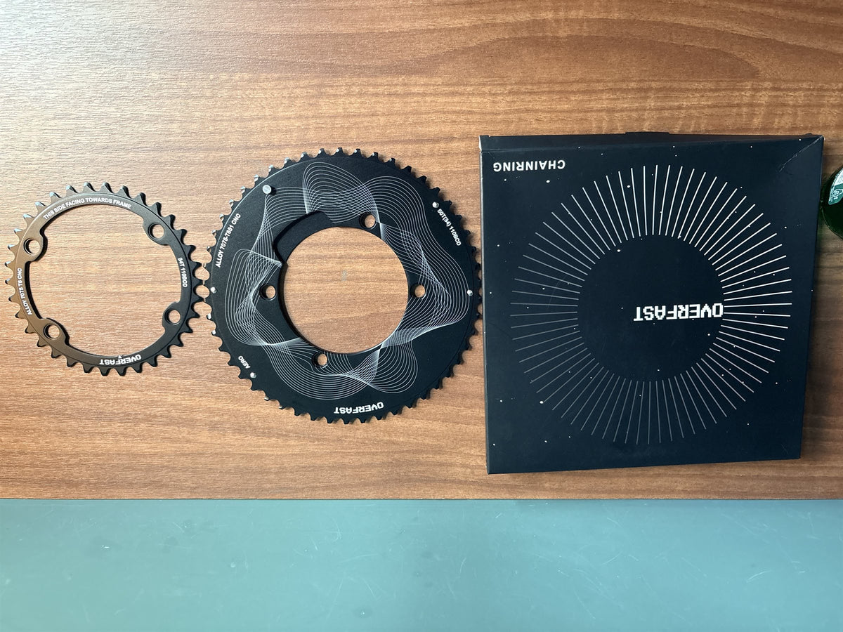 OVERFAST alloy chainrings 2x — aero outer and inner ring with packaging