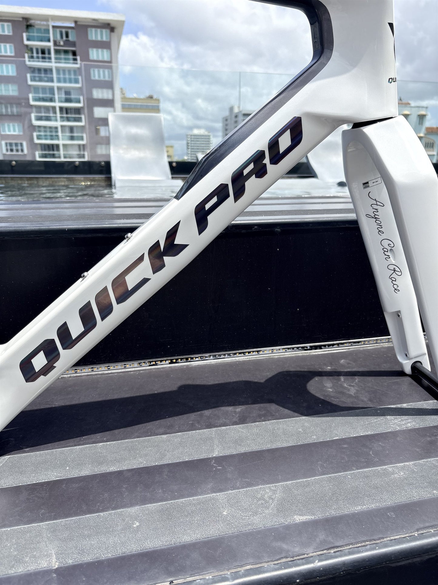 Colorway: Starlight White — holographic QUICK PRO down tube decal