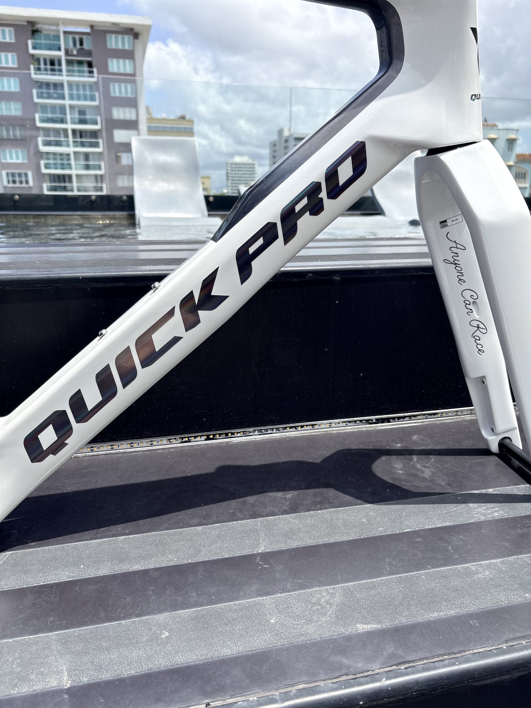 Colorway: Starlight White — holographic QUICK PRO down tube decal